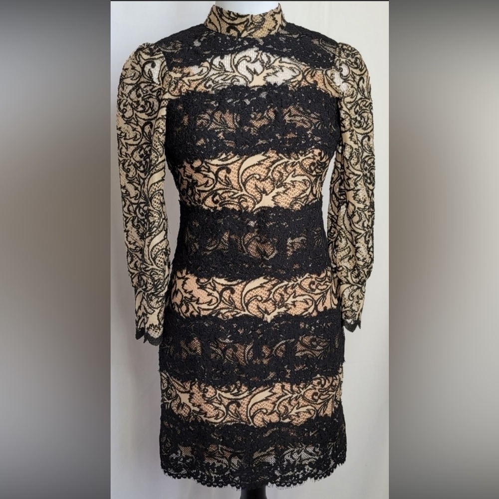 Tracy Reese Black/Nude Puff Sleeve Lace Cocktail Dress